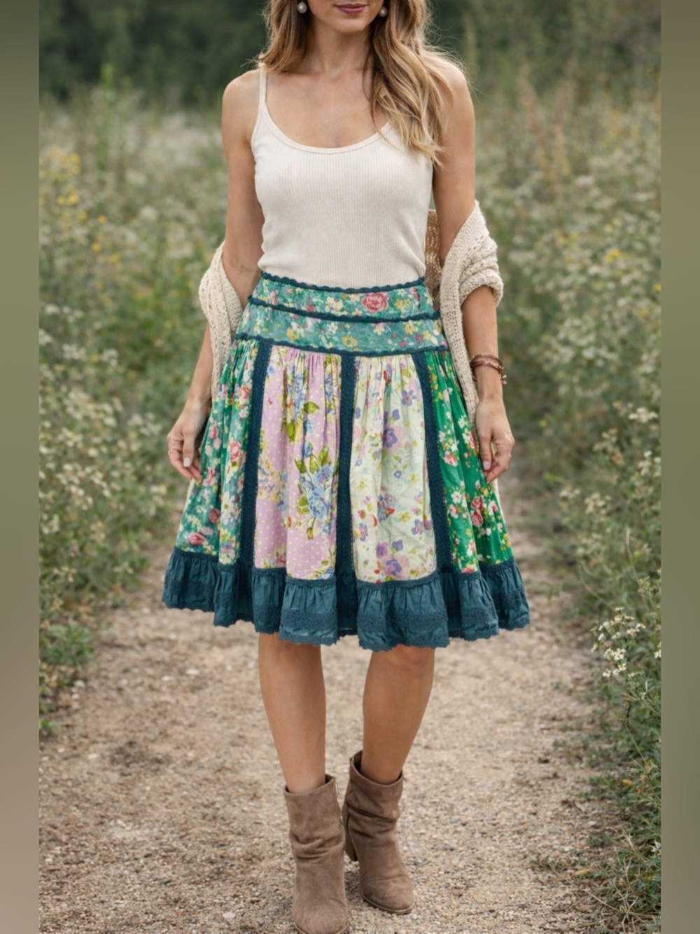 Matilda Jane Patchwork Floral Skirt Boho Cottagecore Tiered Lace Trim